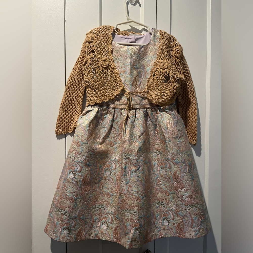 Byergirl Spring Holiday Dress with Shrug (gold, pink, turquoise brocade)